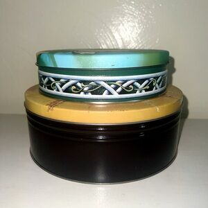 Vintage Set of Two Decorative Round Tins - Teal, Yellow, Black